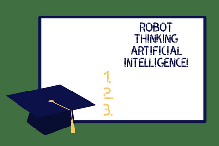 显示机器人思考人工智能的文本符号。概念图 ai 现代未来派聊天机器人毕业帽与塔塞尔学术学者头套和空白白板