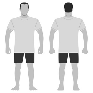 时尚男士全身全长模板图形剪影短裤和t恤正面背面视图矢量插图隔离在白色背景上