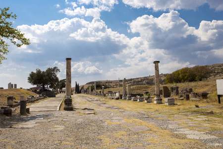 古罗马道路的全景，道路两旁有柱子，映衬着古城阿克里皮翁的蓝天