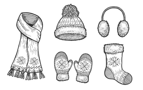 矢量手绘冬季配件插图围巾毛皮耳机电缆POM帽子手套和圣诞袜。 设置在老式雕刻风格。 孤立在白色背景上。