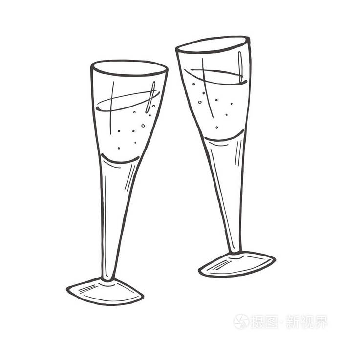 用香槟碰杯. 白底矢量手绘插图