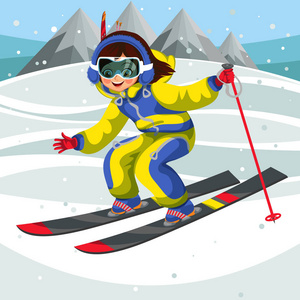 卡通女孩快速滑雪从雪山
