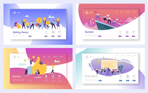 团队合作业务工作成功登陆页面集。激励网站或网页的营销管理领导角色概念。平面动画片向量例证