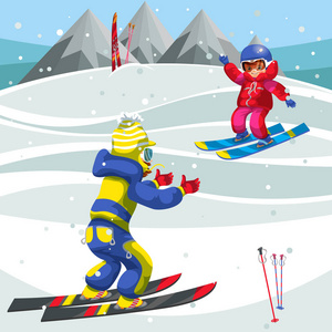 卡通男孩和女孩花有趣的时间户外滑雪