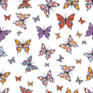 水彩风格的无缝图案与飞舞的蝴蝶。 织物纺织品印刷和邀请的背景。 大自然中的美。 矢量图。