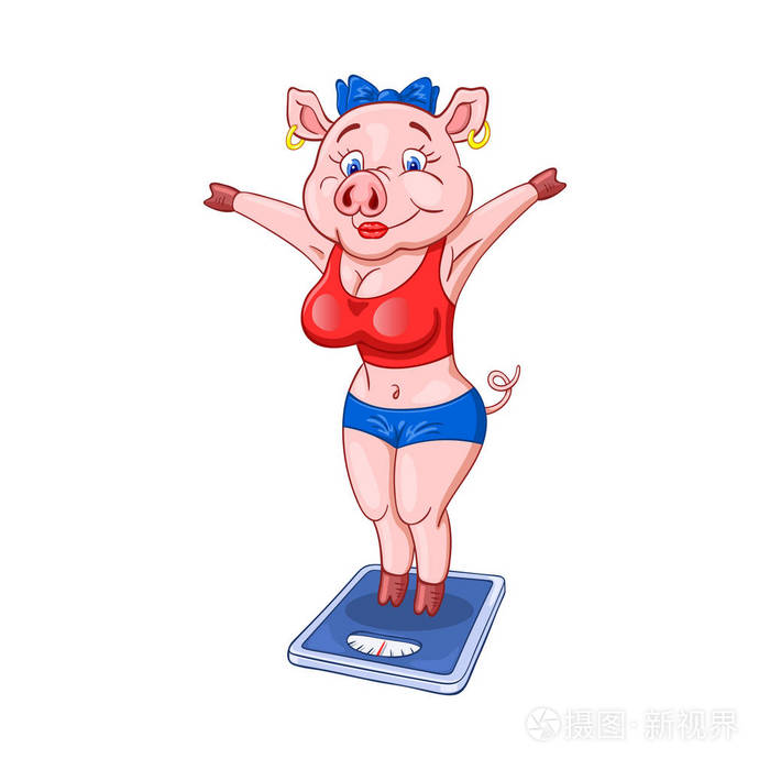 可爱的女猪,脸很高兴,穿着健身运动服站在地板上. 有趣的卡通人物