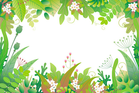 水平框架由绿叶草和花在白色背景上，有文字空间。 具有简单春季植物元素的花卉边界。 矢量平面插图。