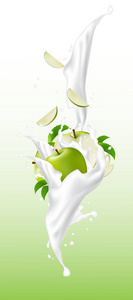 绿色的苹果片在酸奶中流动，牛奶溅。现实矢量插图设计。