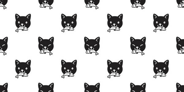 猫无缝图案矢量印花小猫吃鱼鲑鱼金枪鱼围巾隔离卡通重复墙纸瓷砖背景插图黑色