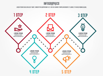 现代线矢量插图。五行信息模板，菱形..时间表一步一步。专为商业，演示，网页设计，图表，图表，培训5个步骤。
