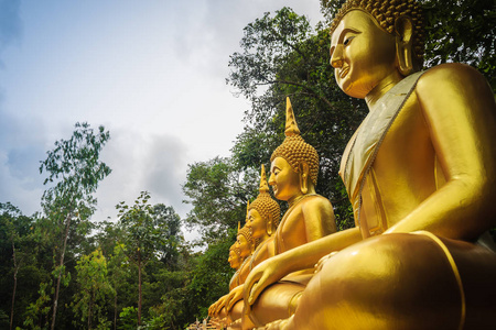 美丽平静的金佛像雕像在森林中的公共佛寺。
