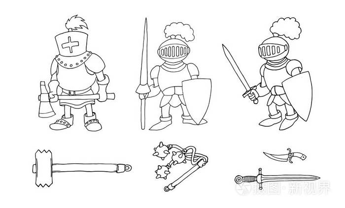 卡通的着色页三个中世纪骑士为骑士比赛准备插画-正版商用图片15j2sz