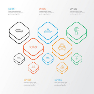 过境图标线的风格设置与敞篷车, 城市汽车, 摩托车和其他吉普车元素。独立的插图传输图标