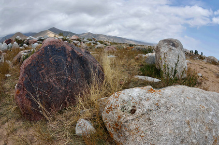 石与新石器时代部落石岩描绘的山古堡在伊塞克库尔湖岸，吉尔吉斯斯坦，亚洲中心