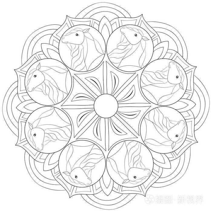 一个禅宗曼陀罗与马的形象成人一本彩色书籍页放松活动禅宗艺术风格的