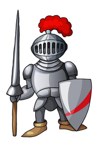 盾牌素描动画片中世纪骑士与盾牌和长矛, 被隔绝在白色背景照片