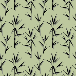 无缝图案与黑色竹叶和芽分枝在日本风格, 绿色背景。向量 eps 10 例证