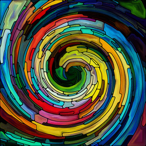 螺旋旋转系列。 彩色玻璃漩涡彩色碎片图案的创意编排，作为色彩设计创意艺术和想象主题的概念隐喻