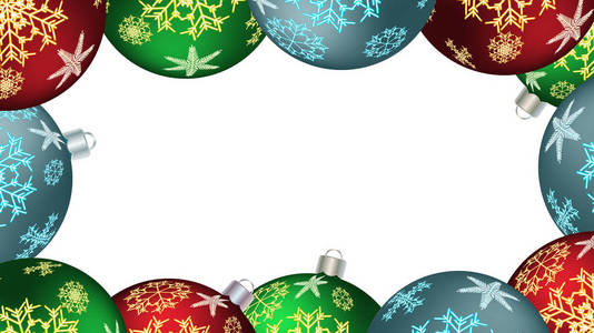 节日美丽的圣诞冬季框架为五颜六色的圆球新年, 圣诞树装饰与一片雪花图案孤立在白色。向量背景