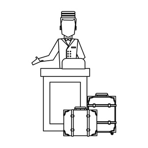 行李员与行李在接待黑色和白色