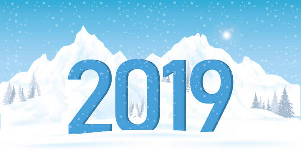 2019年冬季景观与雪山圣诞节和新年矢量插图。
