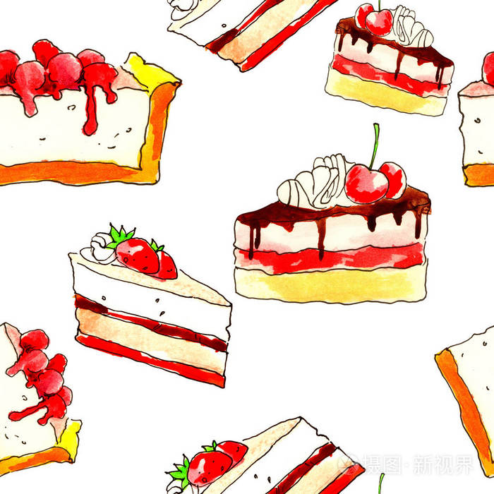 蛋糕甜点巧克力和糕点, 甜点与水果。白色背景上的无缝图案