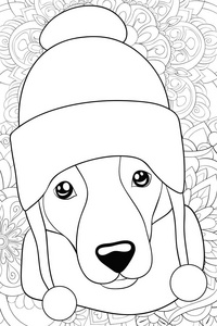 一只可爱的狗，戴着圣诞帽，在成人的花卉抽象背景图像上。Zen艺术风格插图打印。一个用于放松活动的着色书页。海报设计。