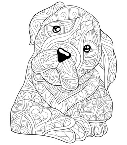 一只可爱的狗，上面有成人的装饰品形象。Zen艺术风格的插图，用于放松活动。印刷用的着色书页。海报设计。