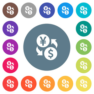 日元美元货币交换圆形颜色背景上的平面白色图标。 包括17种背景颜色变化。