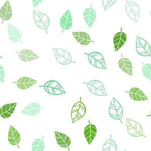 浅绿色矢量无缝优雅的模板与叶子。 闪闪发光的抽象插图与涂鸦和树叶。 纺织品壁纸设计。