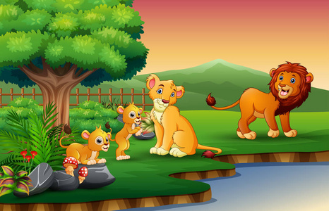 狮子家族卡通片正在河边欣赏大自然