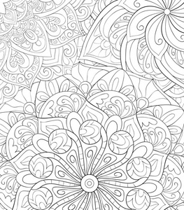 成人抽象的花卉背景图像。一种用于放松活动的着色工具。六种用于打印的艺术风格插图。海报设计。