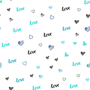浅蓝绿色矢量无缝背景与文字的爱的心。 用抽象风格的爱的话语来说明。 壁纸面料制造商的设计。
