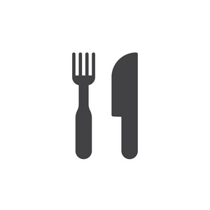 餐厅标志。叉和刀图标矢量，填充平标，实心象形隔离在白色上。标志插图