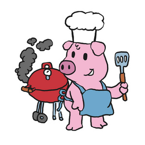 猪厨师站立并制作烧烤