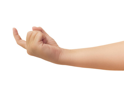 自回缩卷尺人的手显示一个食指和弯曲的"来吧"手势隔离在白色背景与