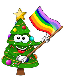 圣诞节圣诞树吉祥物卡通彩虹和平旗