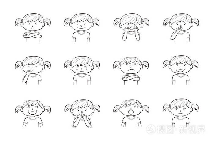 小女孩表现出不同的情绪. 收集12幅手绘线条插图,孤立在白色背景上