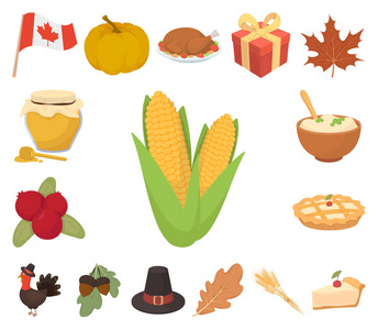 加拿大感恩节卡通图标集集合中的设计。加拿大和传统矢量符号股票网站插图