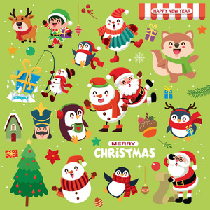 老式圣诞海报设计与矢量雪人驯鹿企鹅圣诞老人精灵玩具士兵角色。