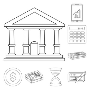 银行和货币符号的矢量设计。网上银行和票据股票符号集