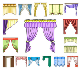 不同种类的窗帘卡通图标集为设计收藏。窗帘和 lambrequins 矢量符号股票网页插图