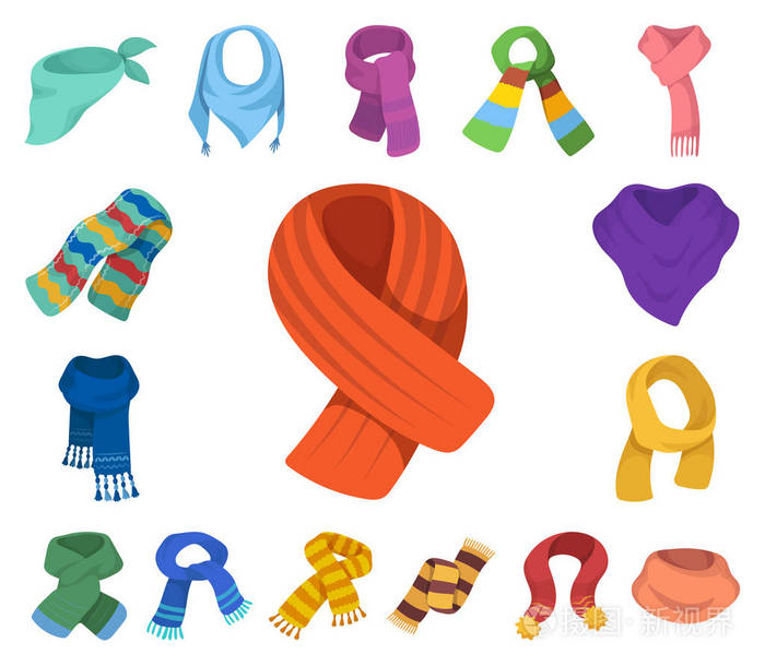 围巾和披肩卡通图标集的设计.服装和辅助向量符号库存 web 插图