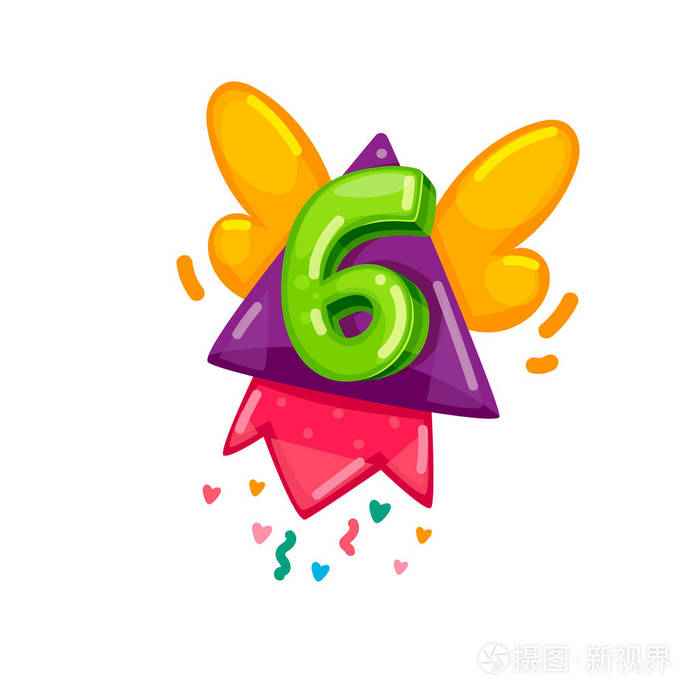 s yellow flying number six. kids color illustration