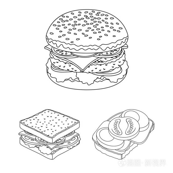 三明治和包装标志的矢量设计。三明治和午餐股票向量例证的汇集