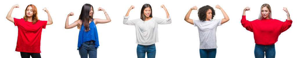 拼贴的一群美丽的中国亚裔非裔美国白种人妇女在孤立的背景上显示手臂肌肉微笑自豪。 健身理念。