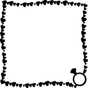 矢量黑白复古边境相框与钻石订婚戒指剪影在角落。 单色模板与情人节结婚邀请的复制空间