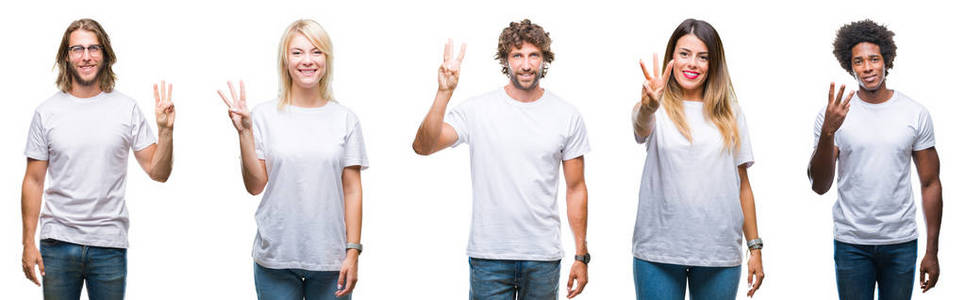 拼贴的一群人穿着休闲的白色T恤，在孤立的背景上显示和举着三个手指，同时微笑自信和快乐。