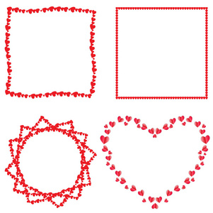 矢量集可爱的红色爱情心相框情人节婚礼浪漫设计。 贺卡邀请函收集模板用于剪贴簿。 心星扭曲的方形边框