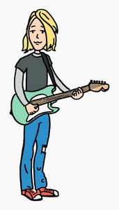 白色背景上孤立的年轻金发朋克摇滚吉他手卡通风格矢量插图